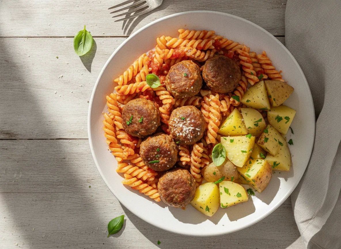 Massa com almôndegas e batatas photo