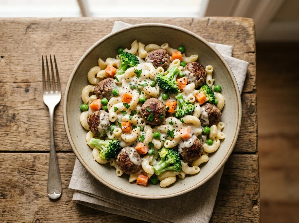 Massa com almôndegas e vegetais ao molho branco photo