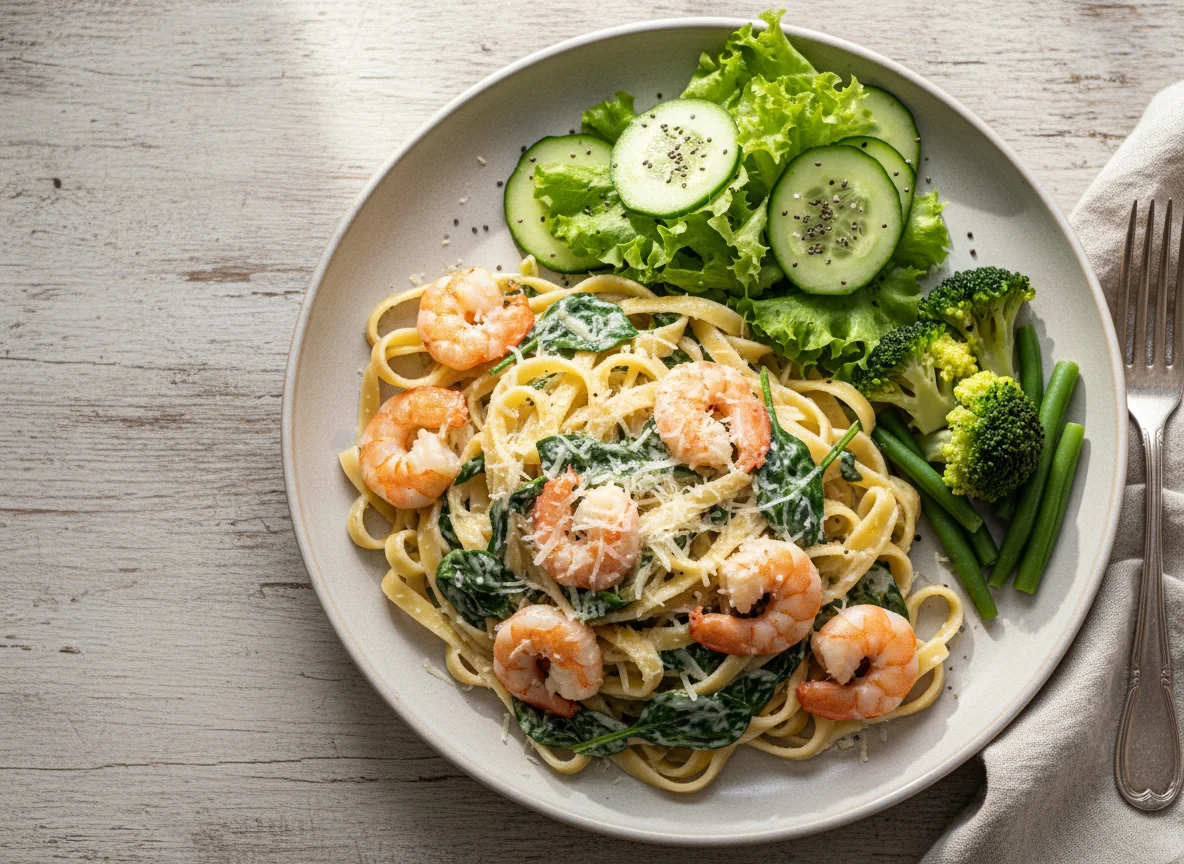 Massa com camarão e espinafre, salada e legumes photo