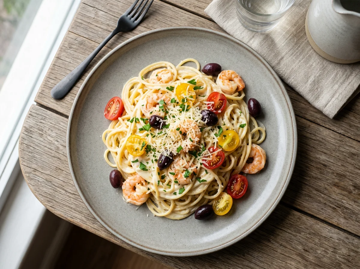 Massa com camarão e molho branco photo