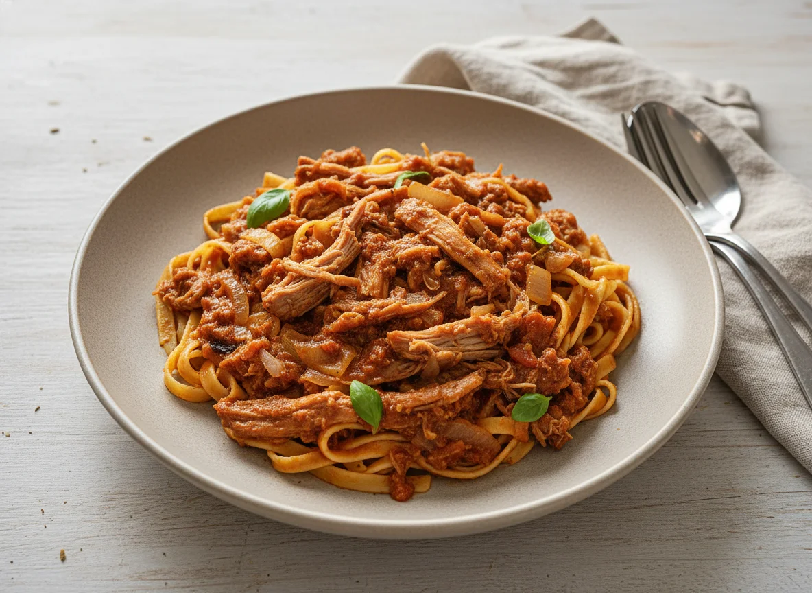 Massa com carne desfiada e molho à bolonhesa photo