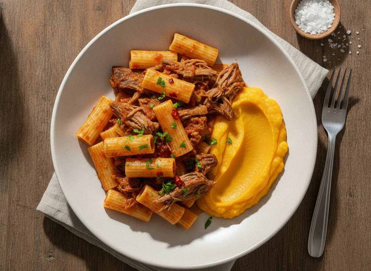 Massa com carne desfiada e purê de abóbora photo