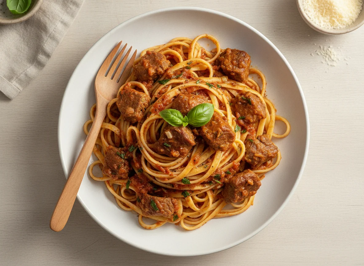 Massa com carne e molho photo