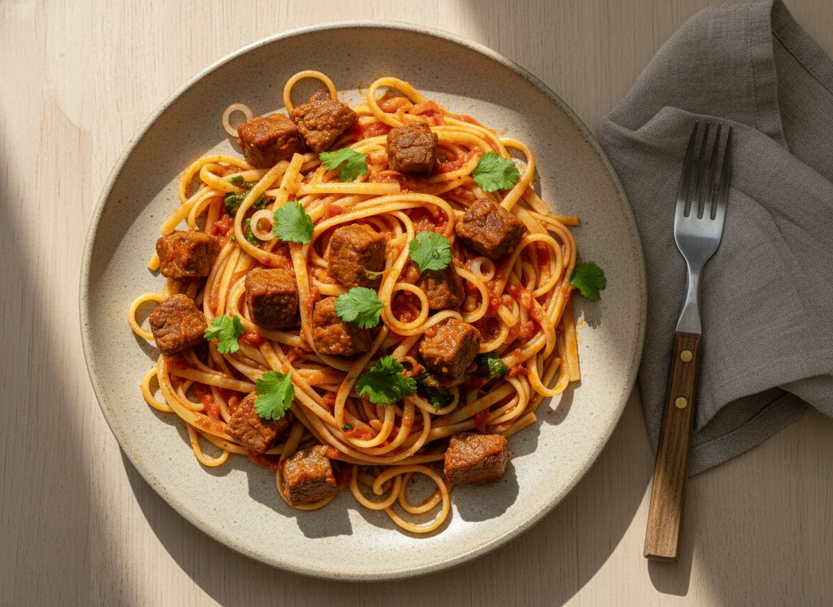 Massa com carne e molho de tomate photo