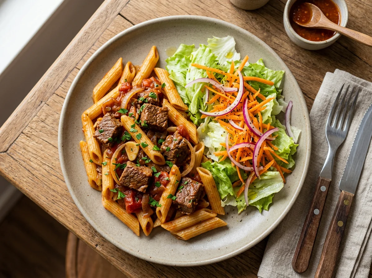 Massa com carne e salada photo