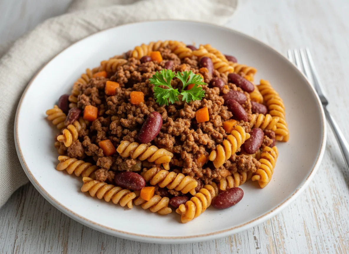 Massa com carne moída e feijão photo