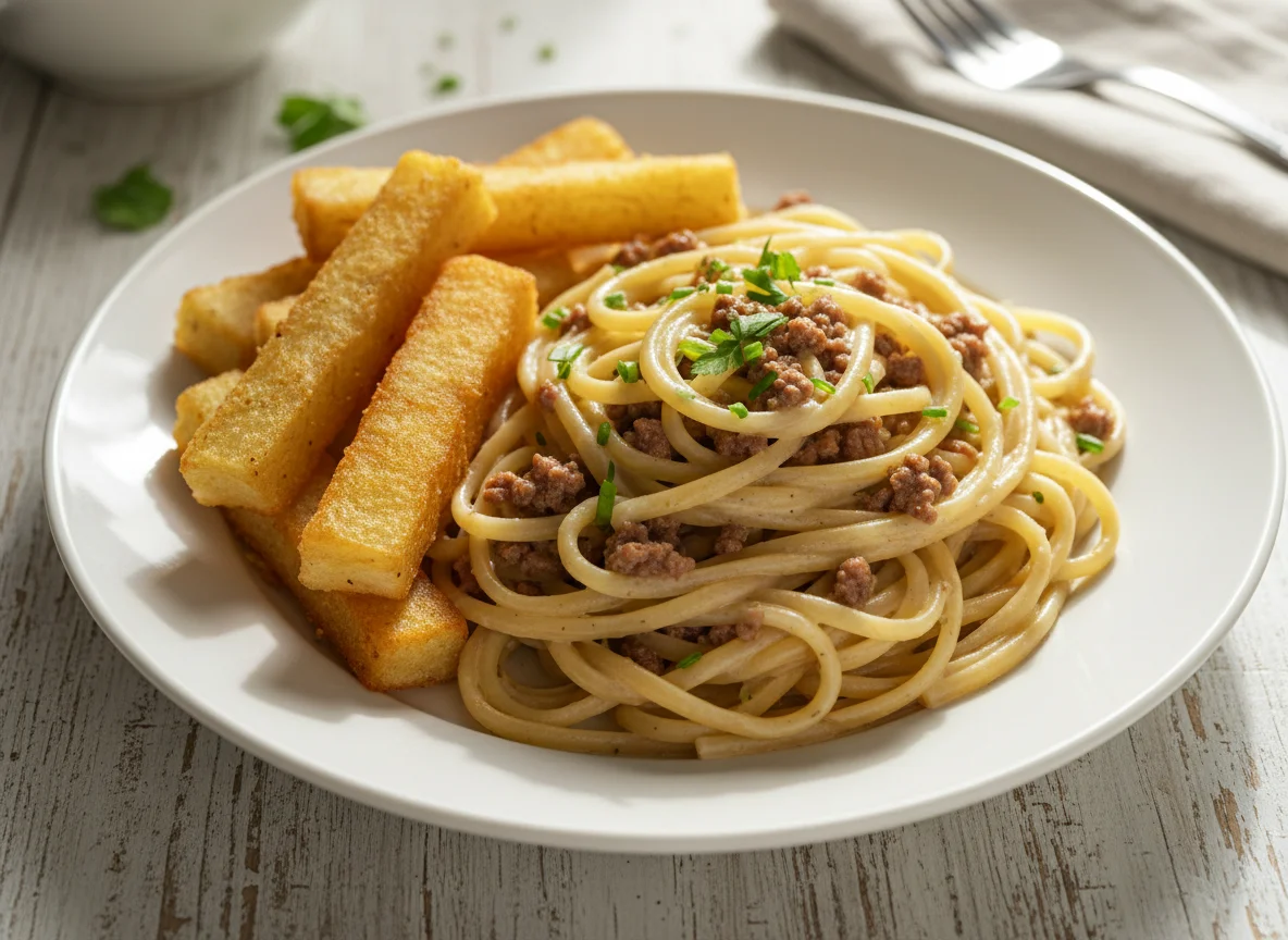 Massa com carne moída e mandioca frita photo