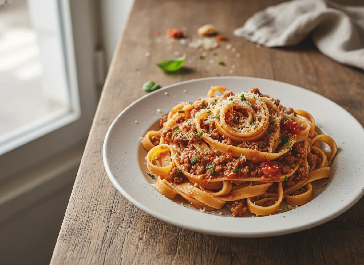 Massa com Carne Moída e Molho de Tomate photo