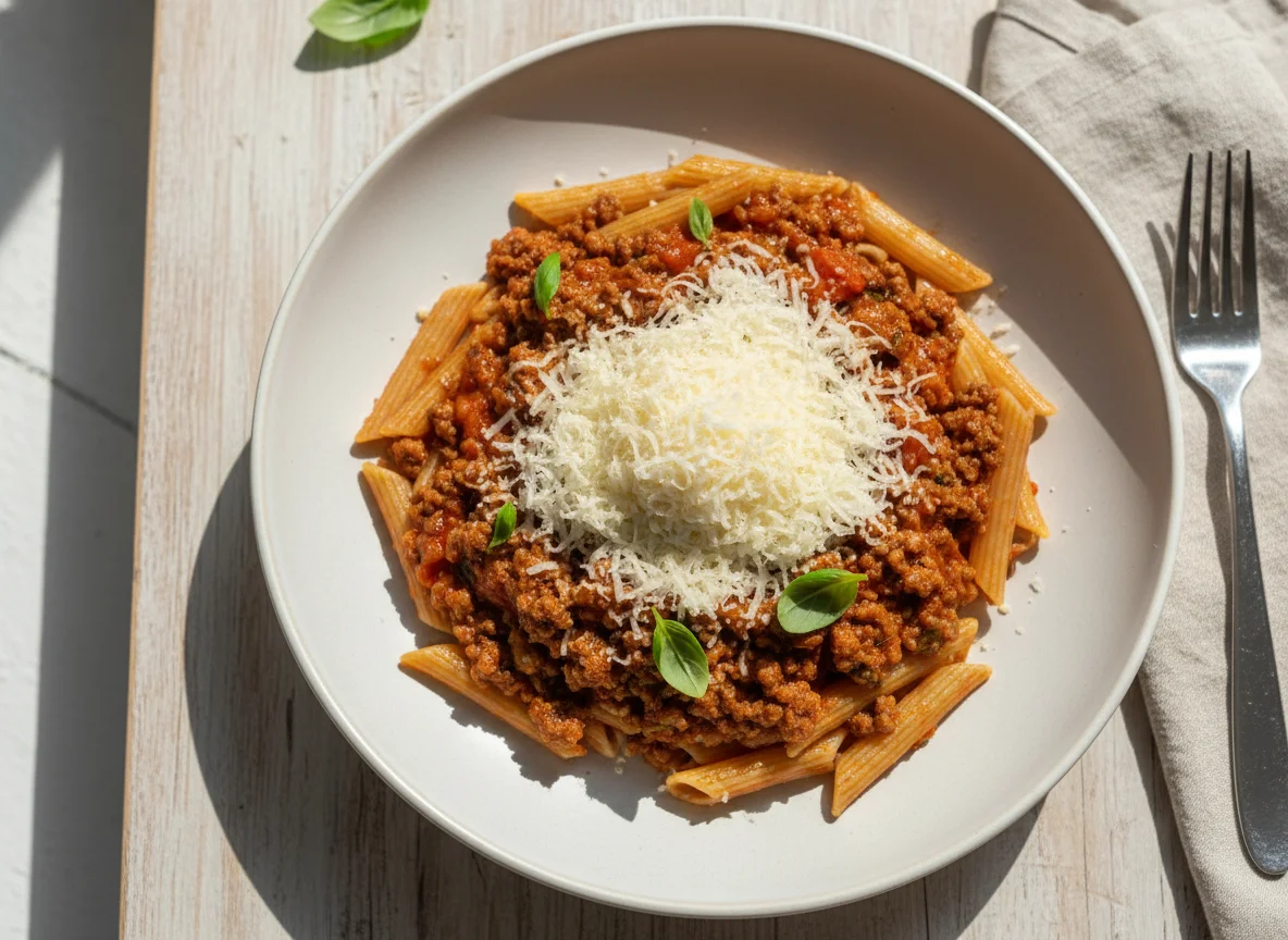 Massa com carne moída e queijo parmesão photo