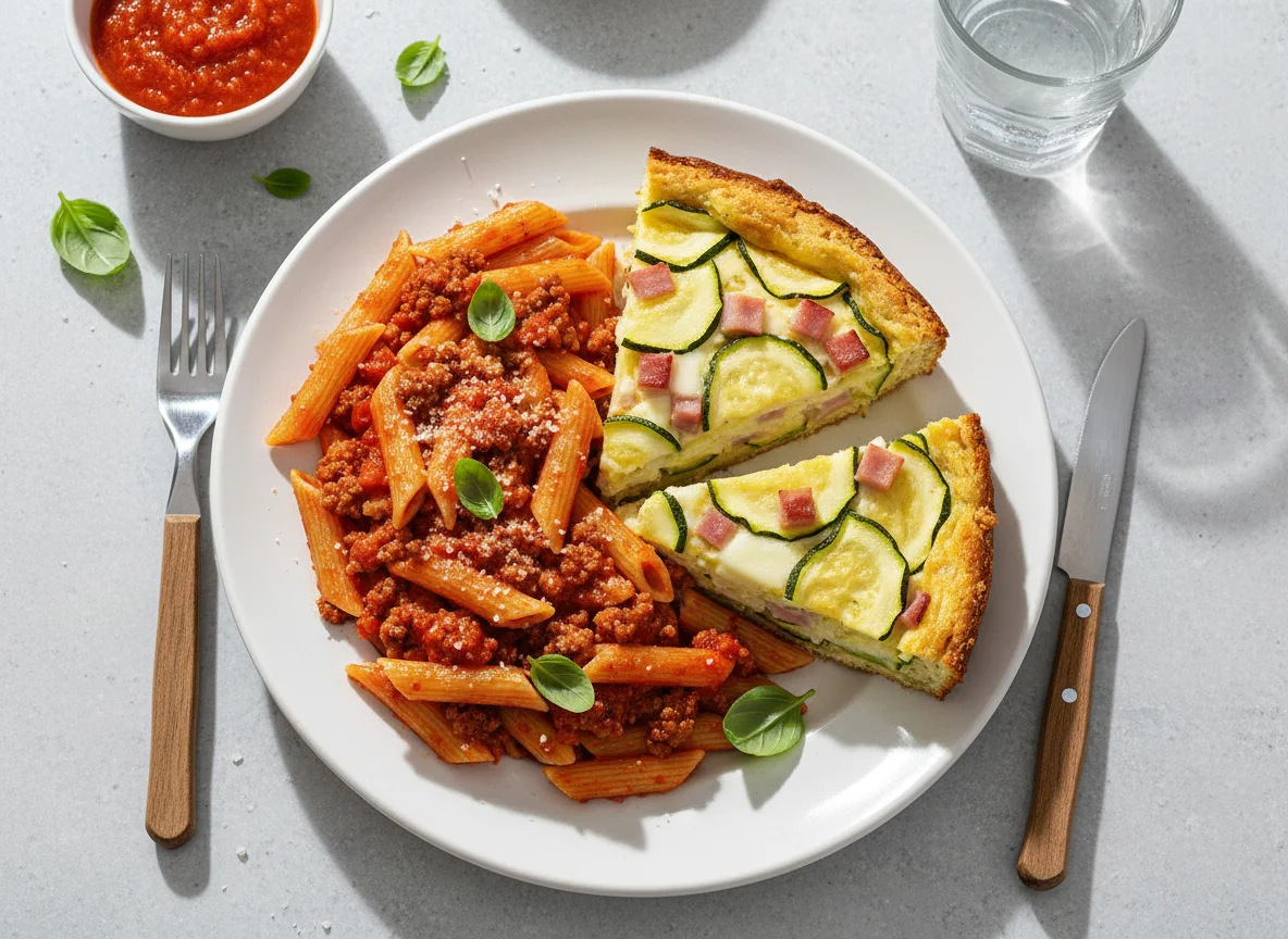 Massa com carne moída e torta de abobrinha photo