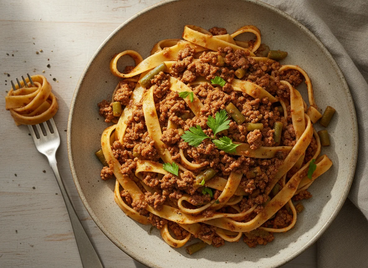 Massa com carne moída e vagem photo