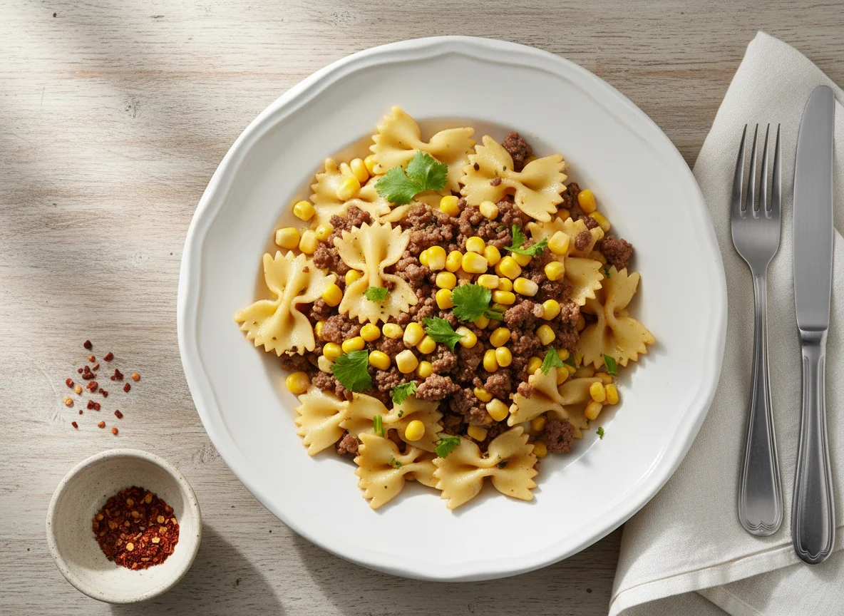 Massa com carne picada e milho photo