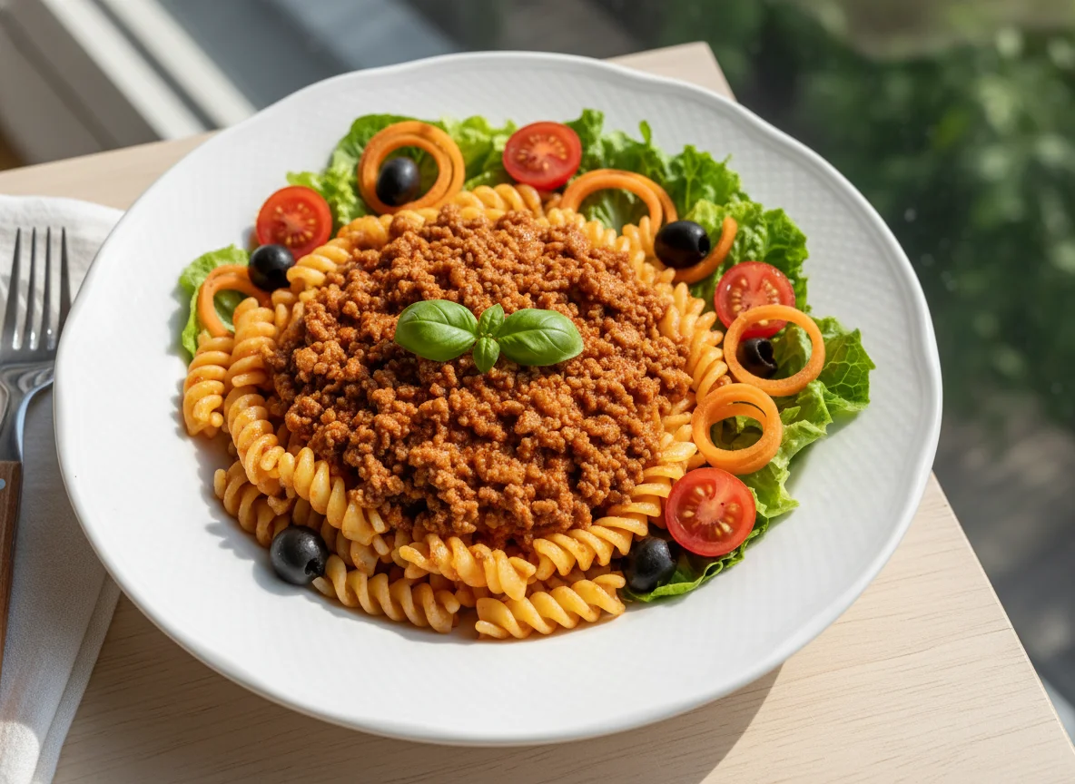 Massa com carne picada e salada photo