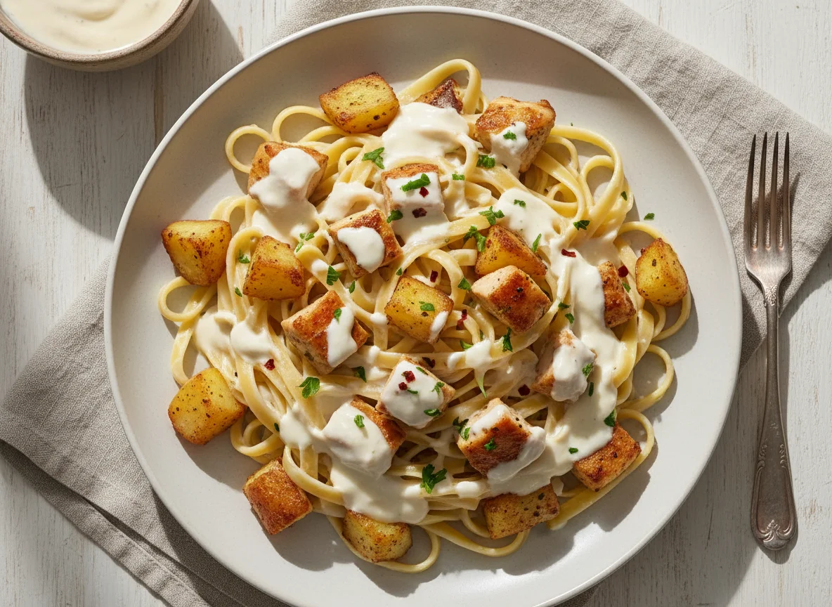 Massa com frango, batatas e molho photo