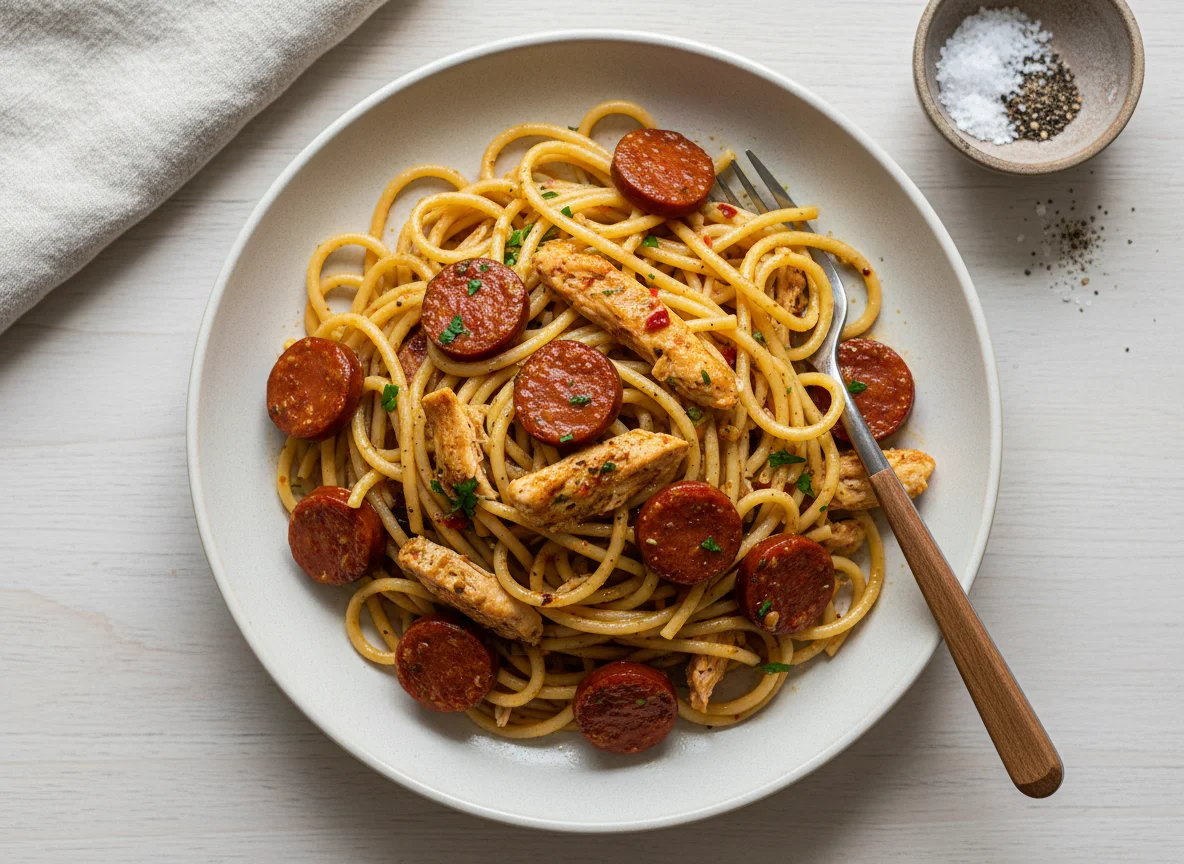 Massa com frango e chouriço photo