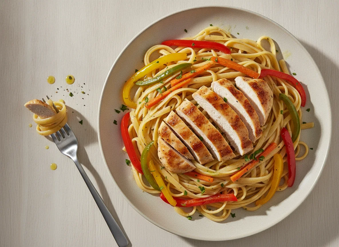 Massa com frango e vegetais photo