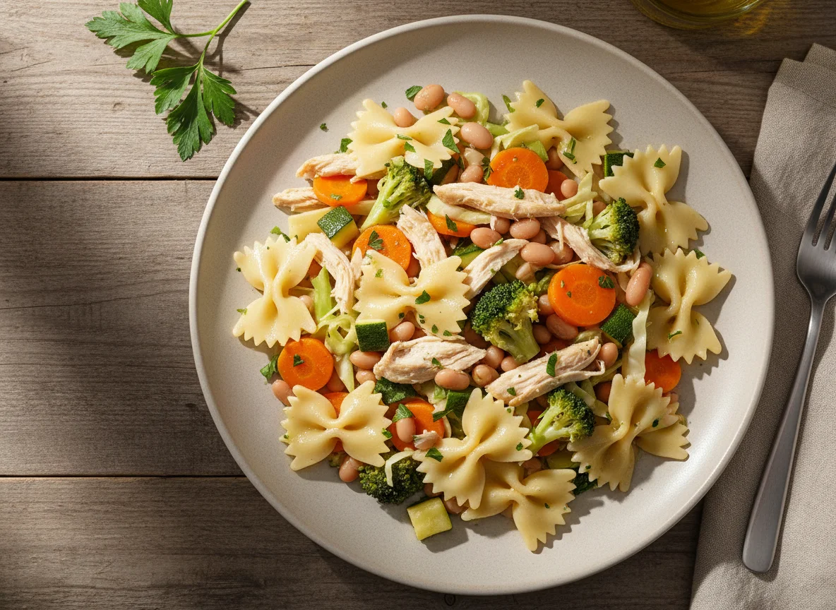 Massa com frango, feijão e vegetais photo