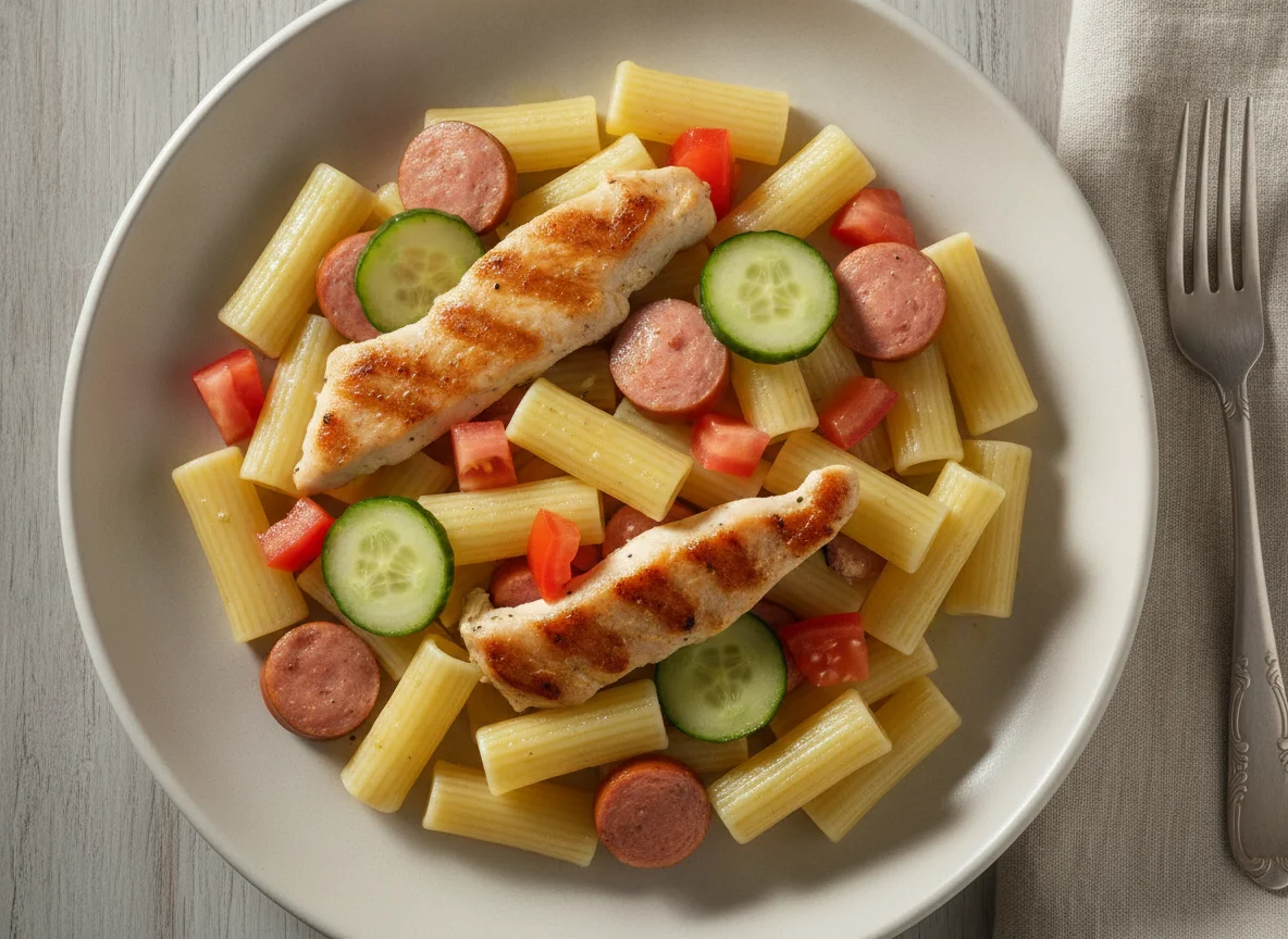 Massa com frango, salsichas e vegetais photo