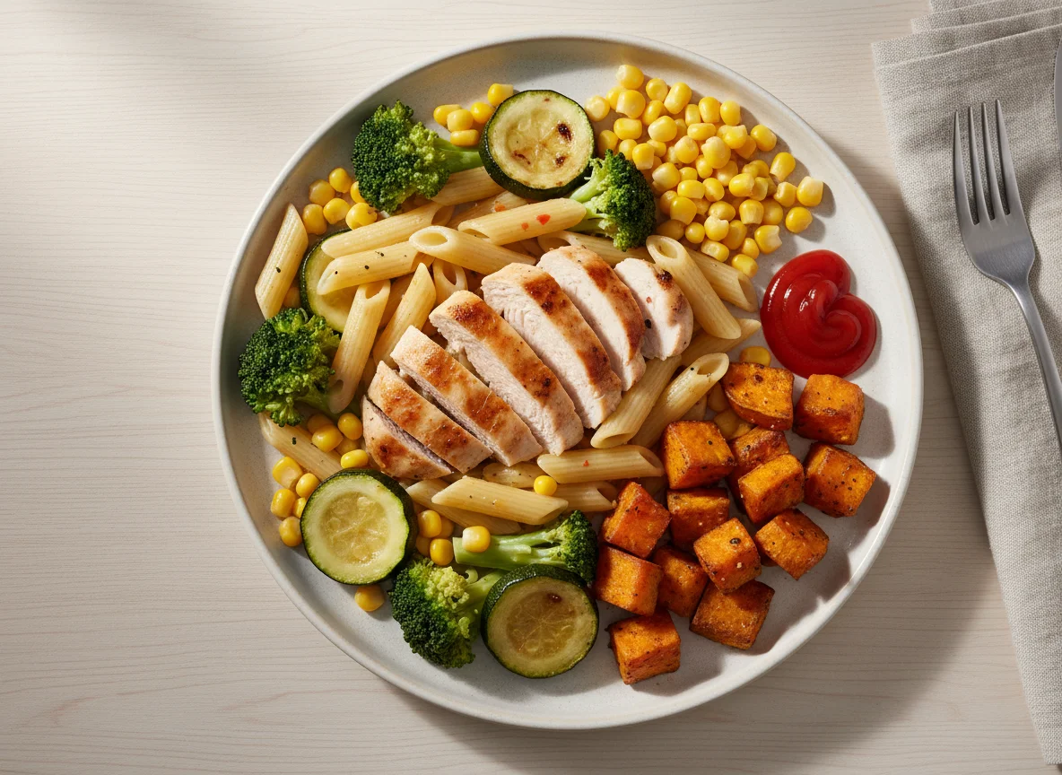 Massa com frango, vegetais e batata doce photo