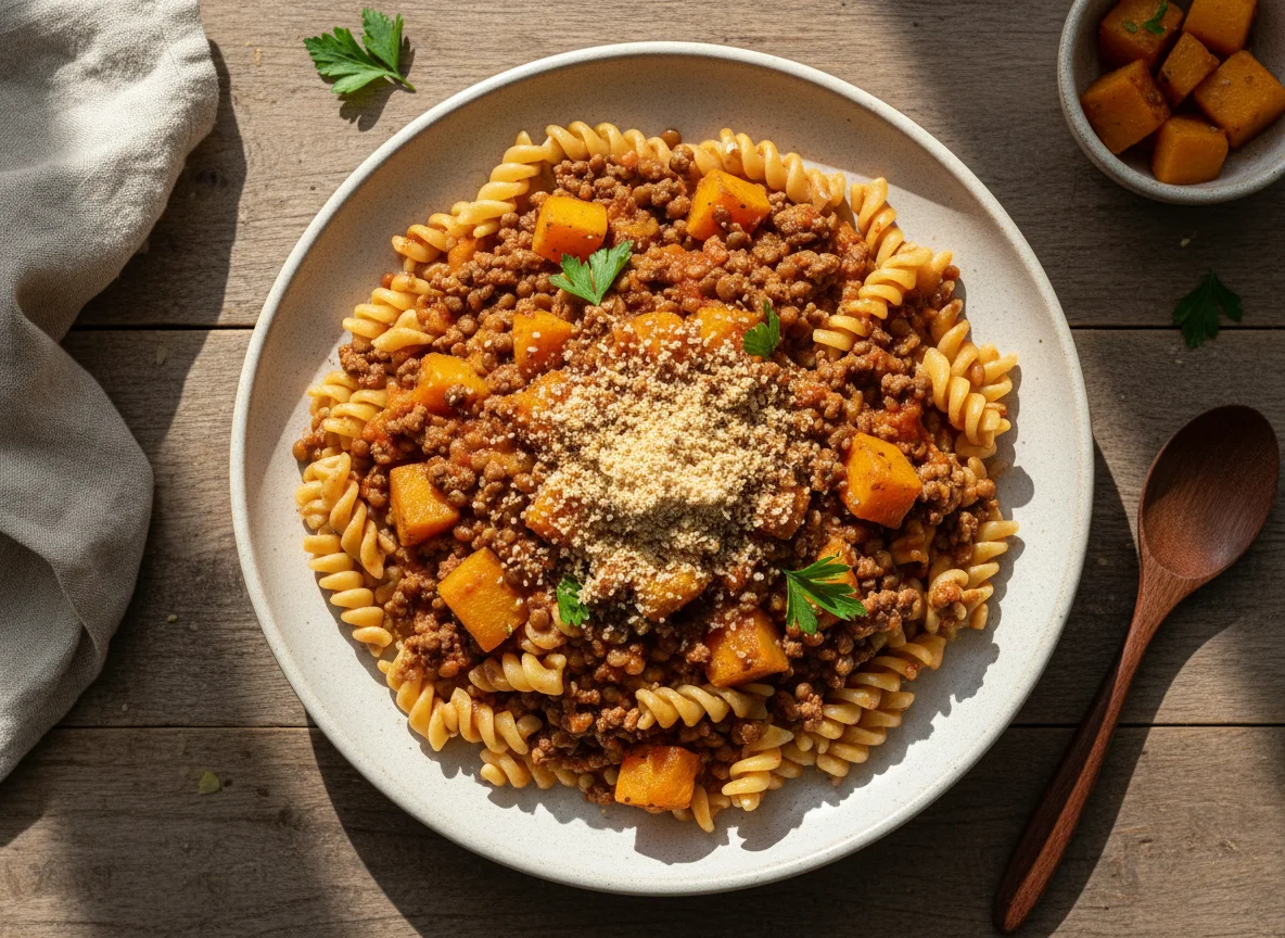 Massa com lentilha, carne moída e abóbora photo