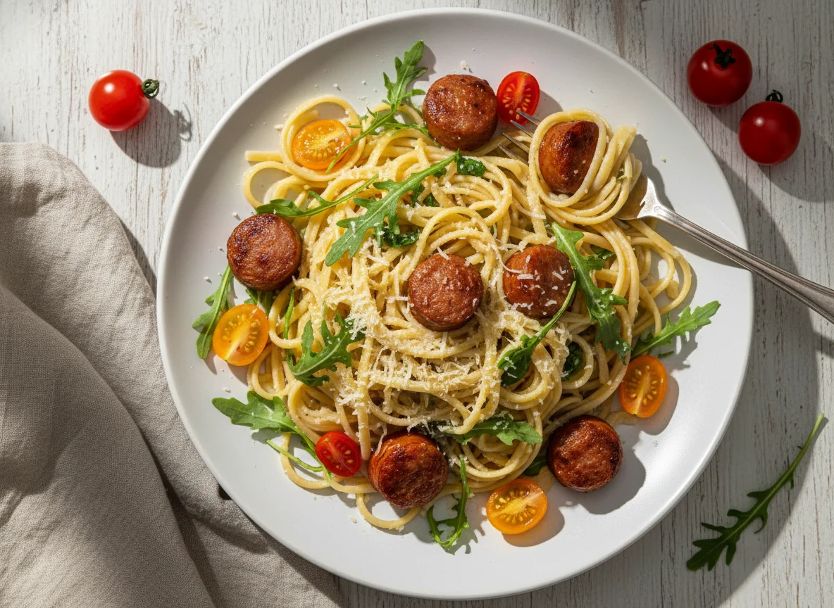 Massa com linguiça, rúcula e tomate cereja photo
