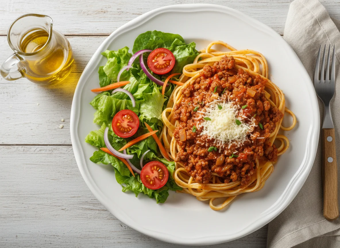 Massa com molho bolonhesa e salada photo