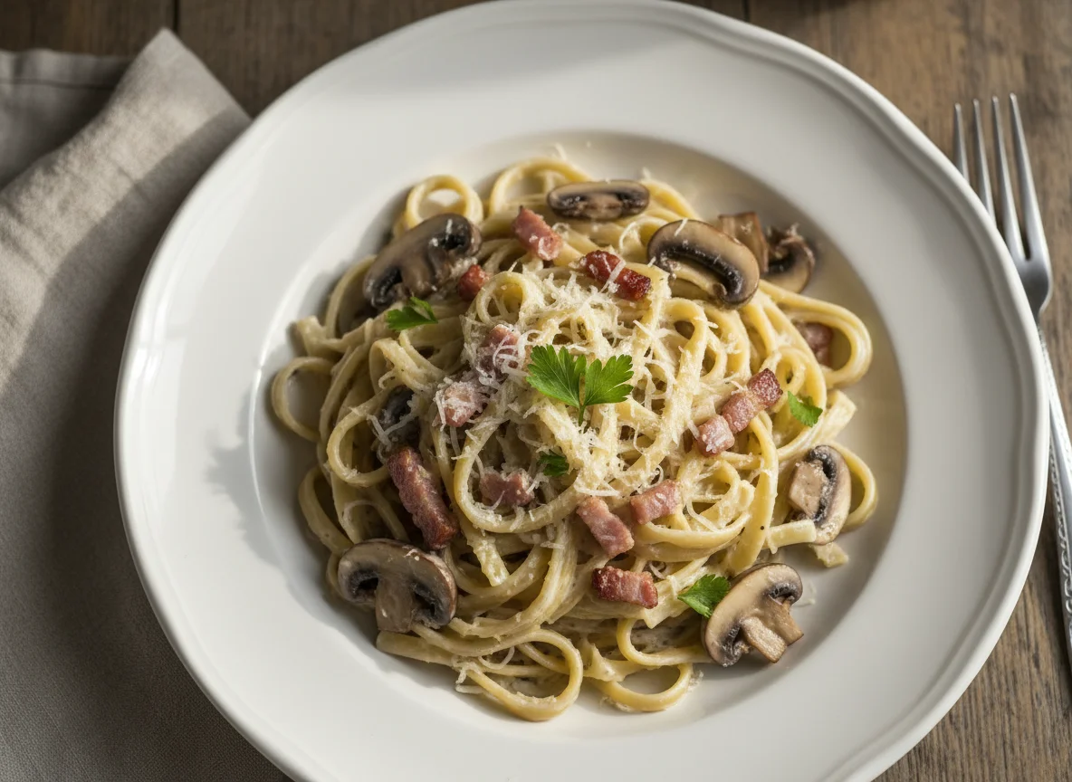 Massa com molho cremoso, cogumelos e bacon photo