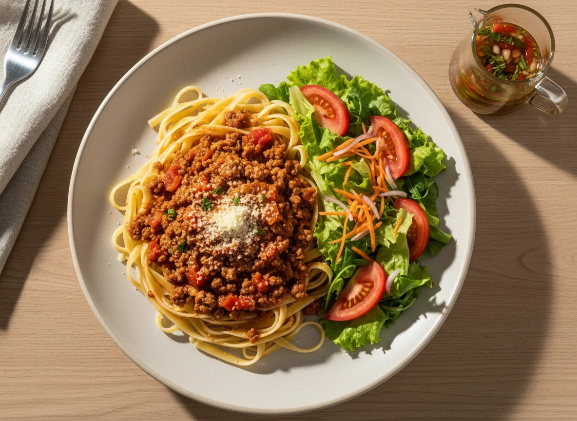 Massa com molho de carne moída e salada photo