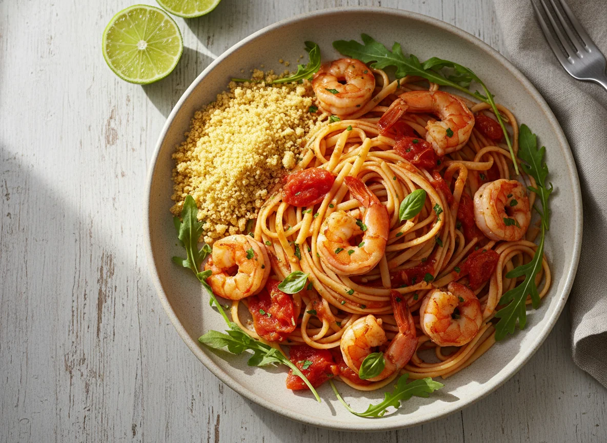 Massa com molho de tomate, camarão, farofa e rúcula photo