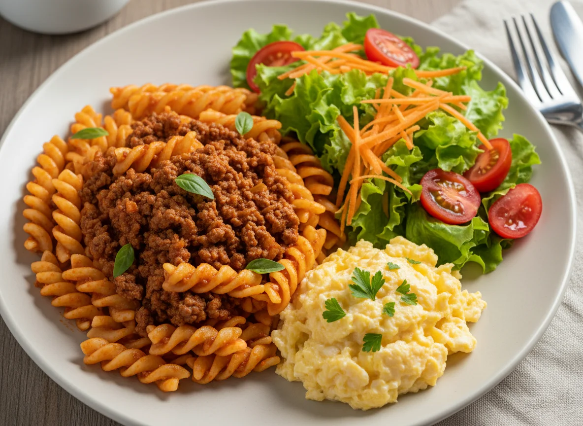 Massa com molho e ovos mexidos, com salada photo