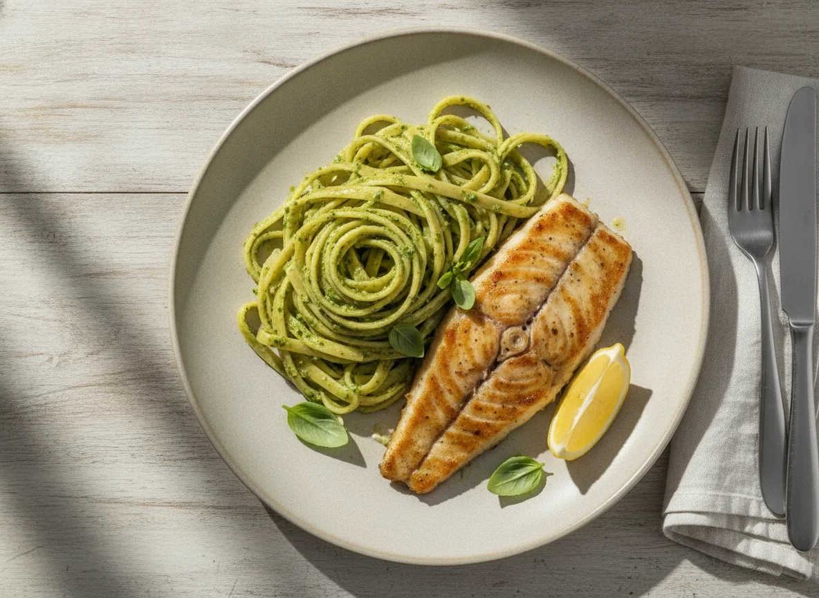 Massa com molho e peixe grelhado photo