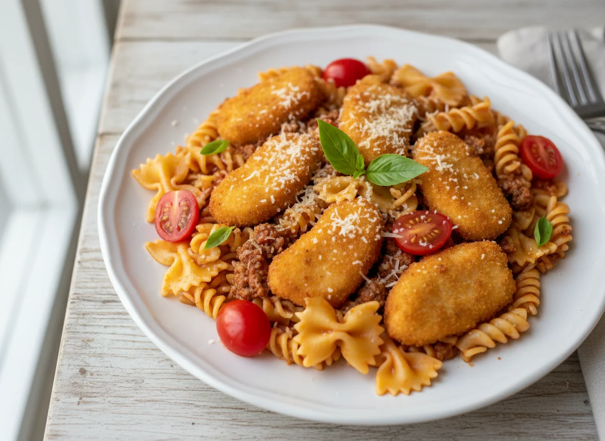 Massa com nuggets de frango e tomate cereja photo