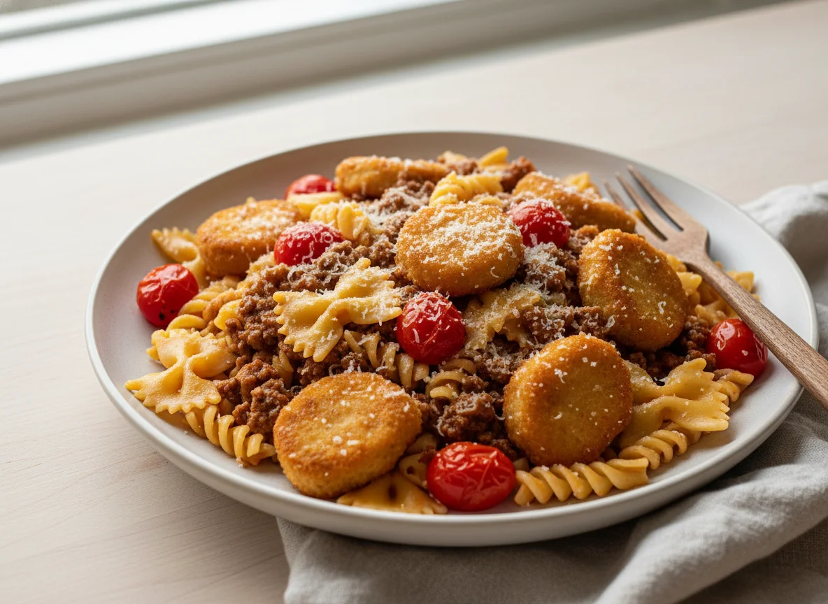 Massa com Nuggets e Tomate Cereja photo