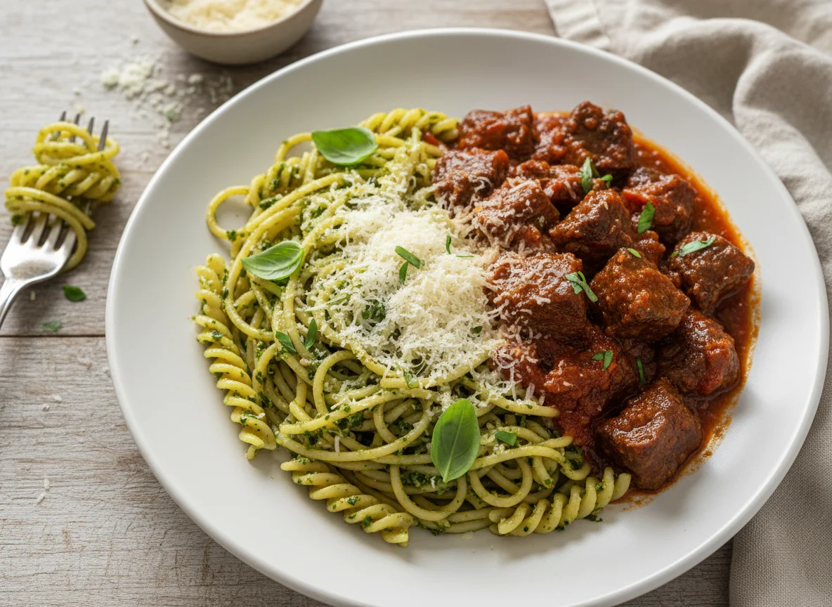 Massa com pesto e carne ao molho photo