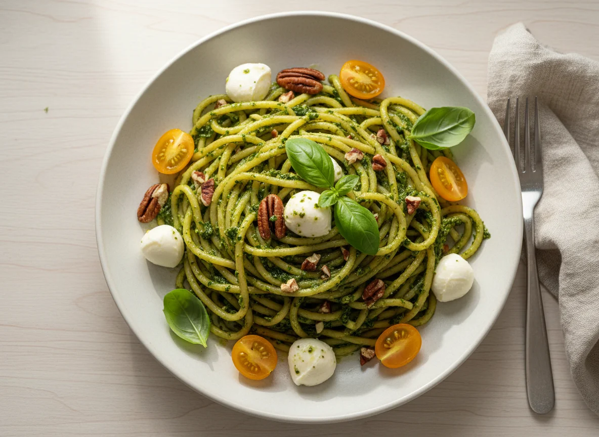 Massa com Pesto, Tomate Cereja, Mozzarella e Nozes Pecan photo