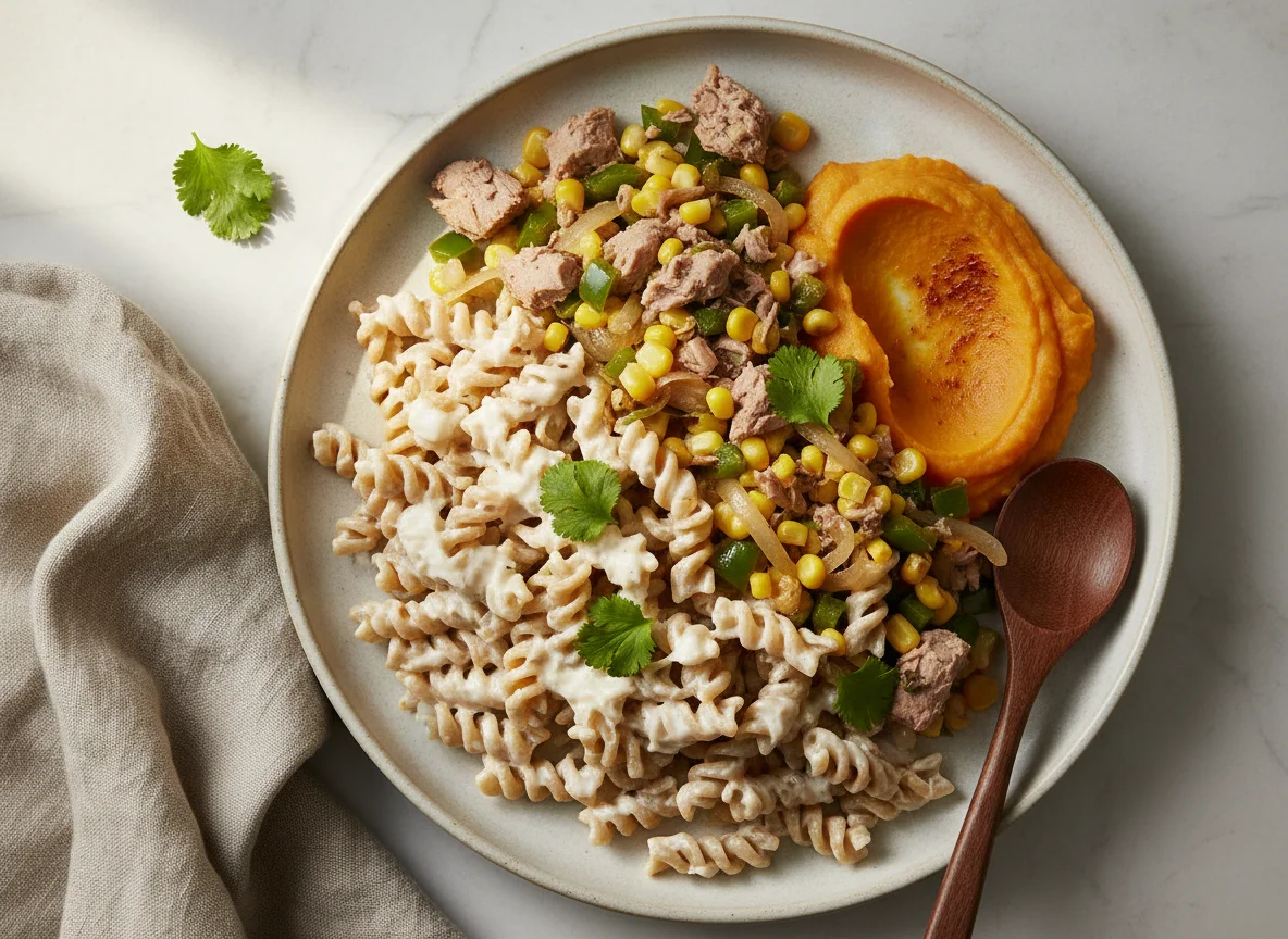 Massa com Purê de Batata Doce e Refogado de Milho e Atum photo