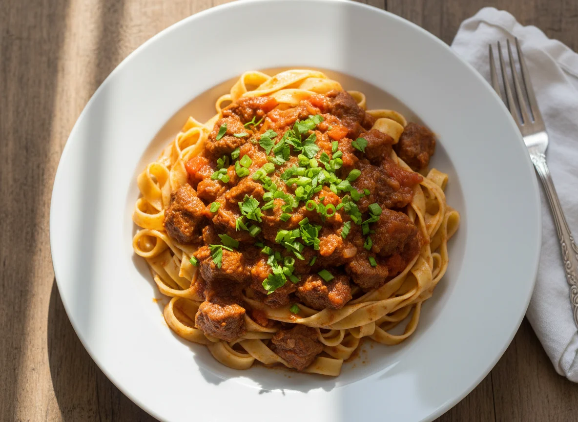 Massa com ragu de carne e cheiro-verde photo