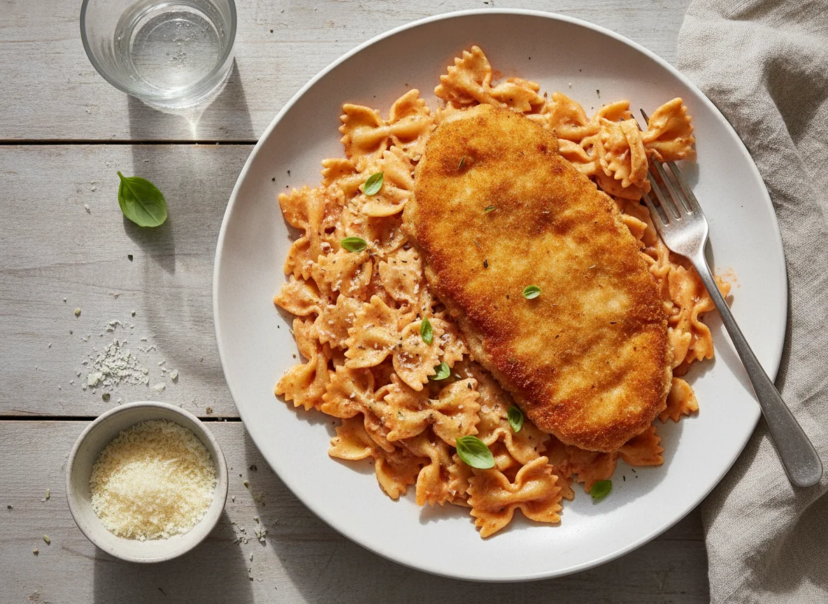 Massa Farfalle com Molho e Bife Panado photo