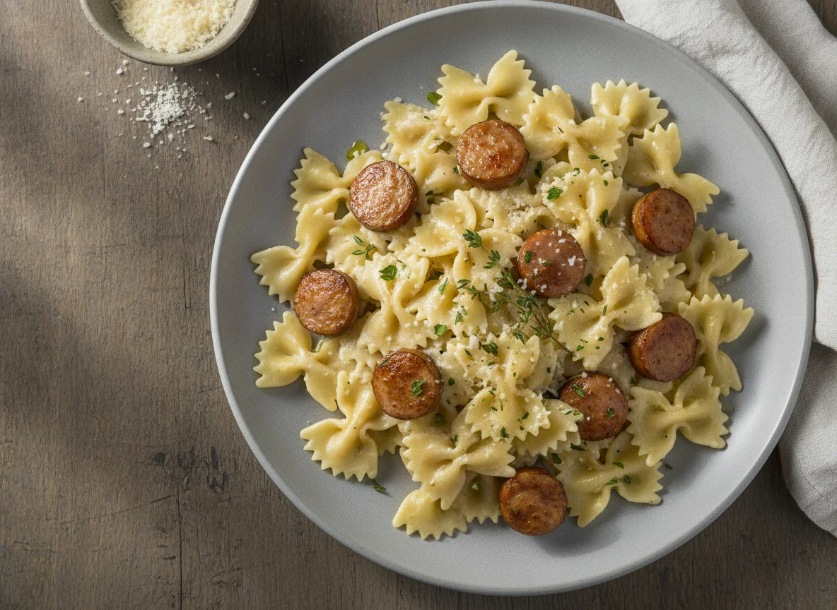 Massa Farfalle com Salsicha e Molho Branco photo