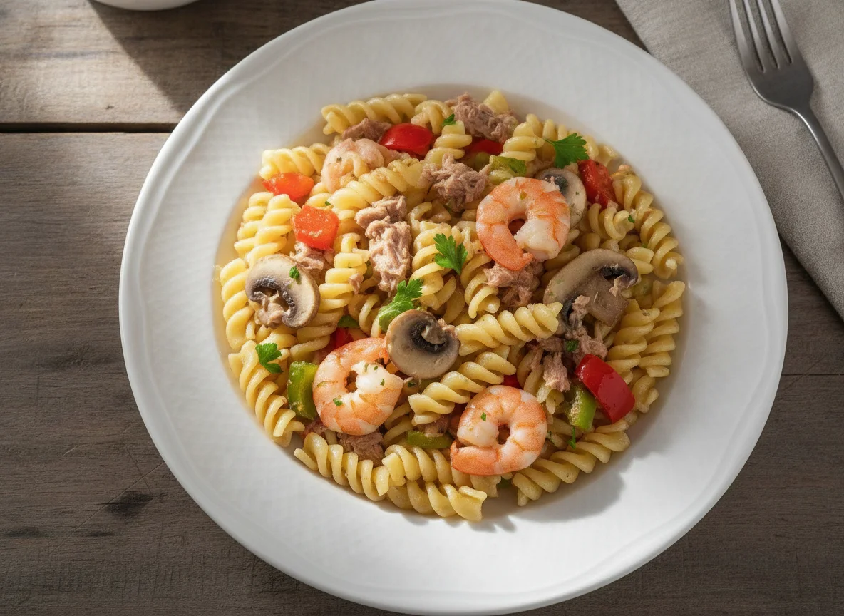 Massa fusilli com atum, camarão e vegetais photo