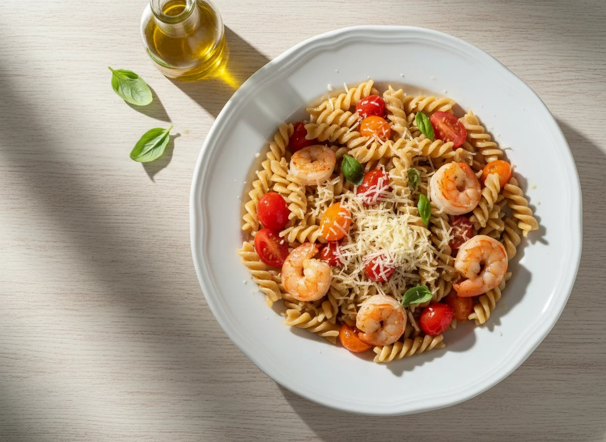 Massa Fusilli com Camarão, Tomate Cereja e Queijo Ralado photo
