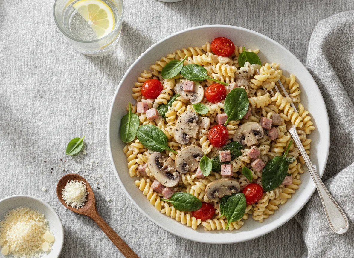 Massa Fusilli com Cogumelos, Fiambre e Espinafres photo