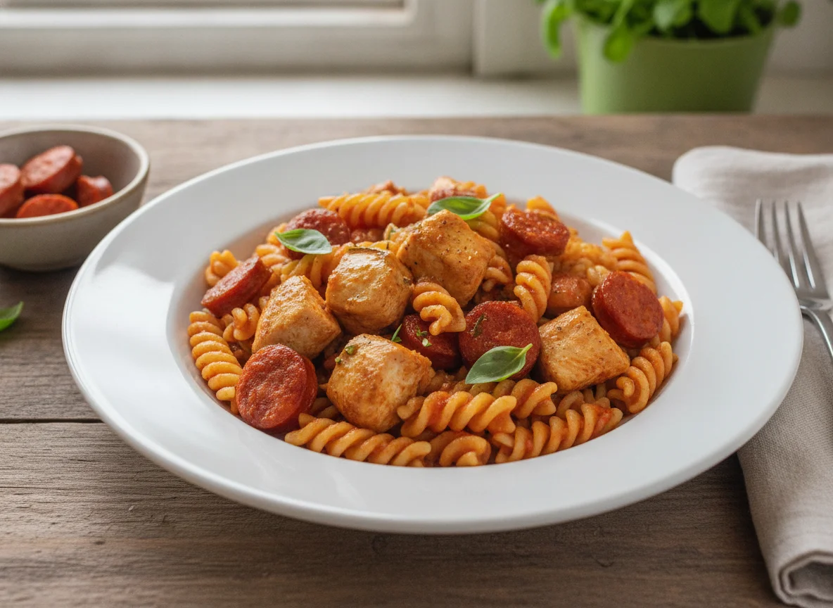Massa fusilli com frango e chouriço photo