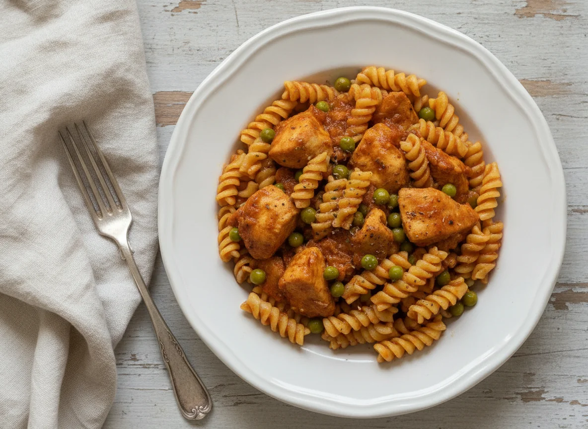 Massa fusilli com frango e ervilhas photo