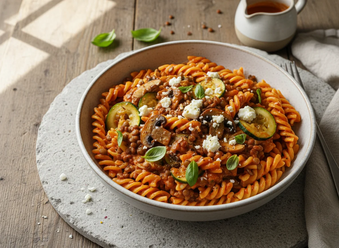 Massa Fusilli com Lentilhas, Cogumelos, Courgete e Molho Cremoso photo