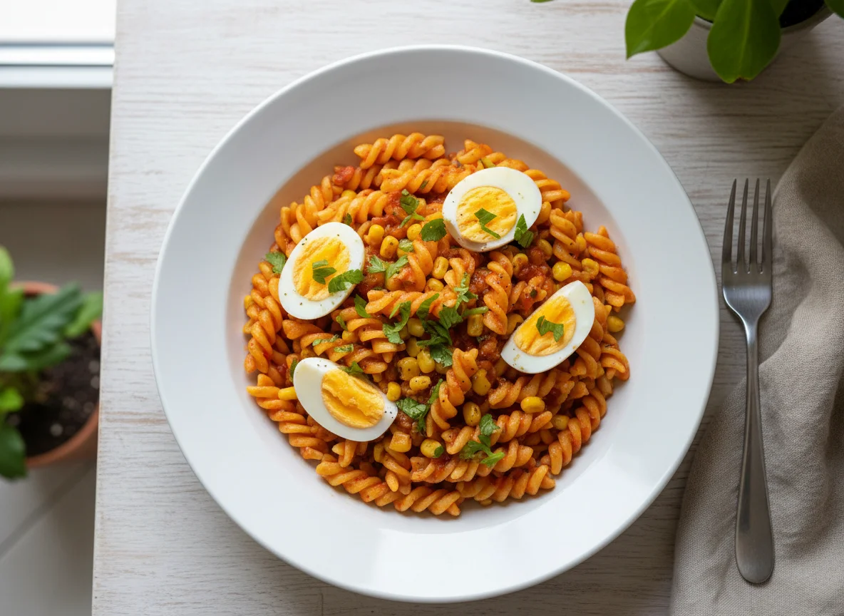 Massa Fusilli com Milho e Ovos Cozidos photo