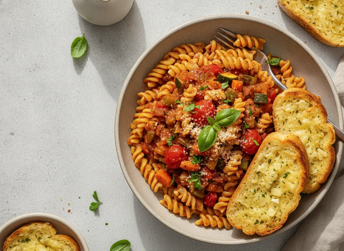 Massa Fusilli com Molho de Legumes e Pão de Alho photo