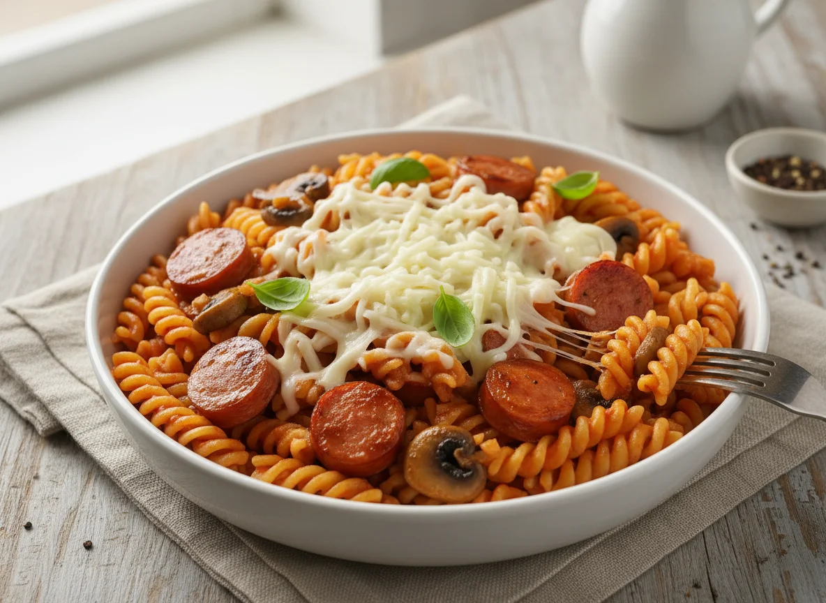 Massa Fusilli com Salsichas, Cogumelos e Queijo photo