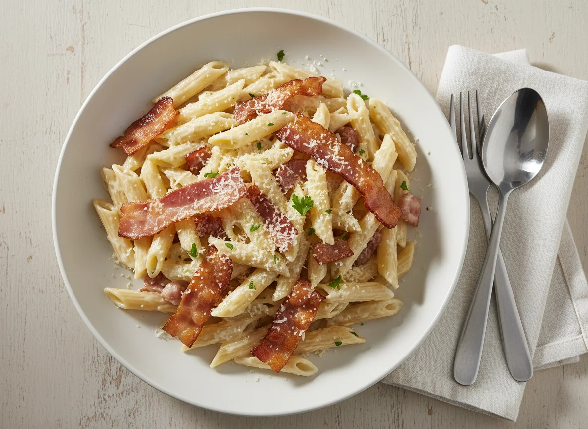 Massa Penne com Bacon e Queijo photo