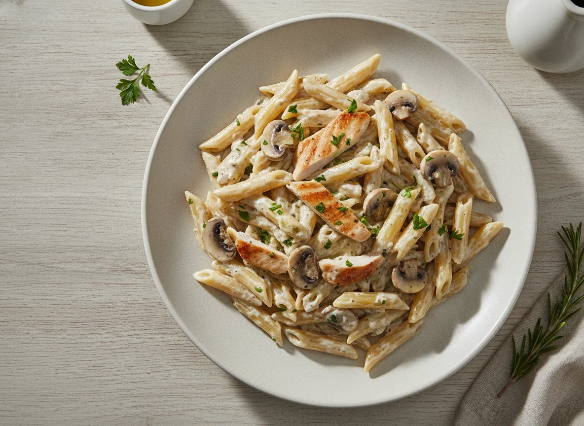 Massa Penne com Frango e Cogumelos photo